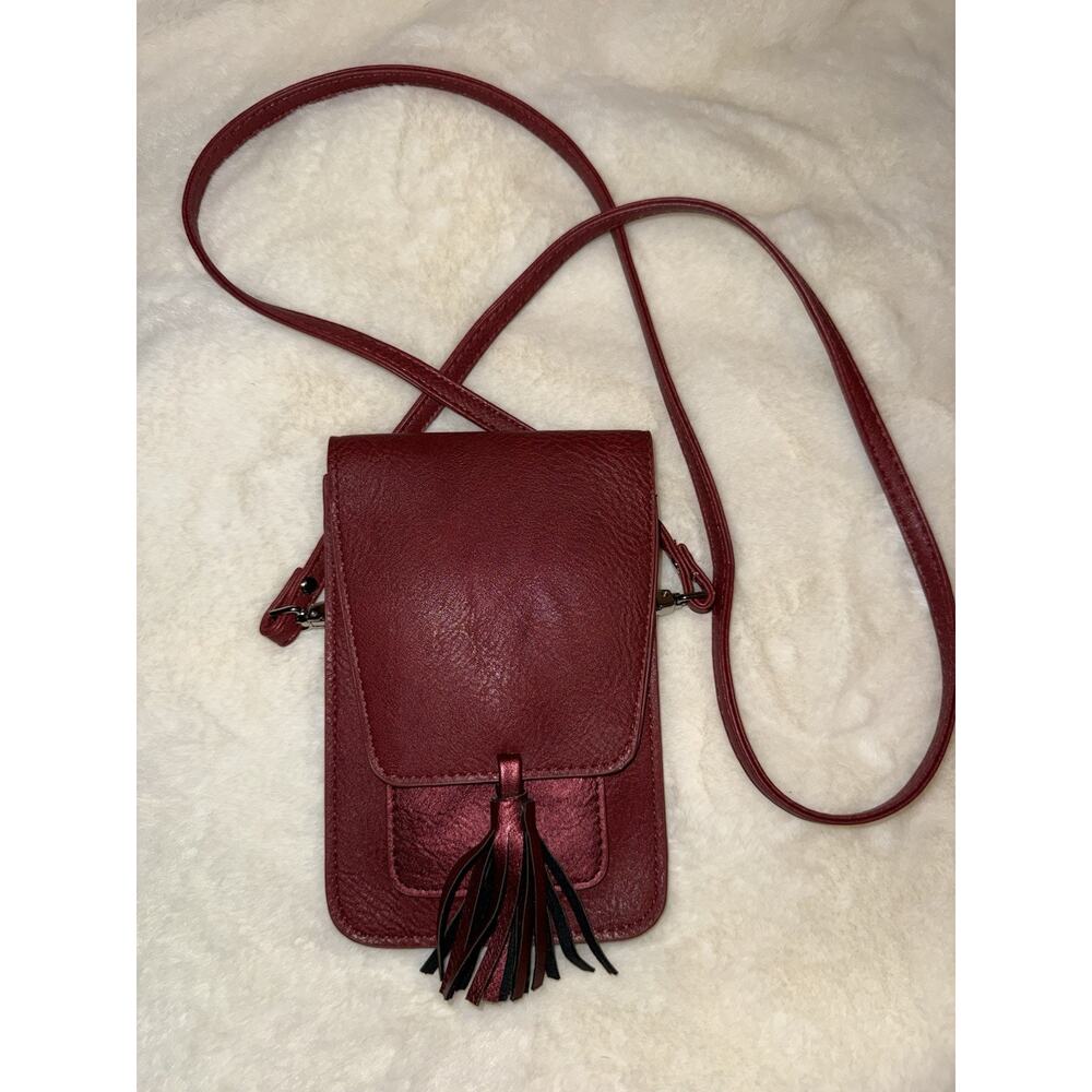 K. Carroll Red Crossbody Bag Small Faux Leather Tassel Phone Purse